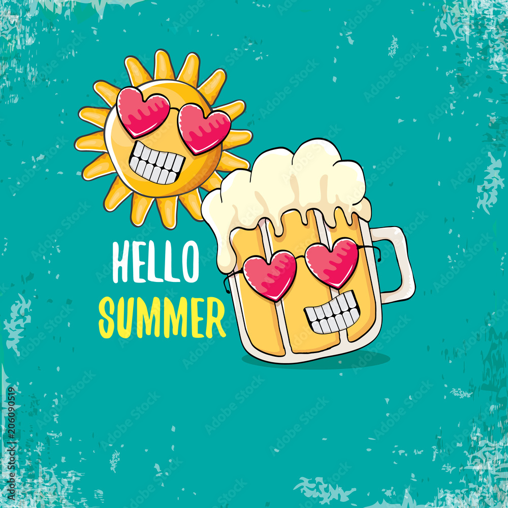 vector cartoon funky beer glass character and summer sun isolated on azure  background. Hello summer text and funky beer concept illustration. Funny  cartoon smiling friends. Stock Vector | Adobe Stock