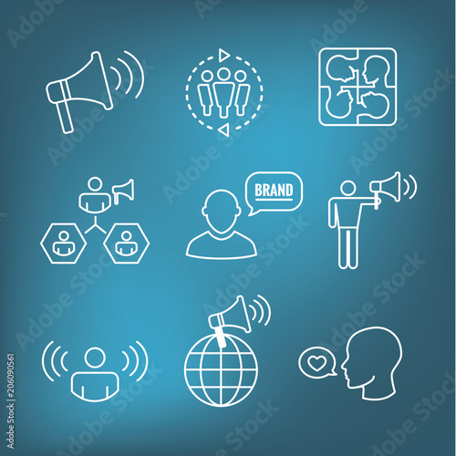 Spokesperson icon set - bullhorn, coordination, pr, and public relations person set