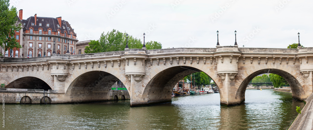 Naklejka premium Pont Neuf, Paris, France. Old stone bridge across Seine River with many human faces sculptured into it.