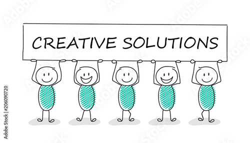 Funny business illustration - cartoon stickman holding a banner with slogan: creative solutions. Vector.