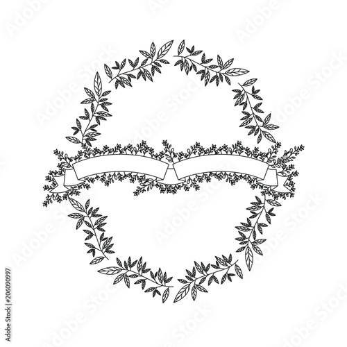 wreath leafs with ribbon frame vector illustration design