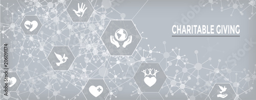 Charity and relief work - Charitable Giving Web banner with icon set