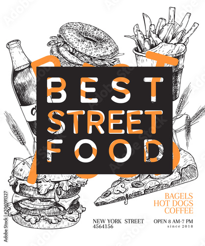 Hand drawn fast food banner. Engraved vector illustration. Burger, pizza, soda, french fries, bagel. Modern trendy typography. Restaurant, menu, street food flyer, poster.