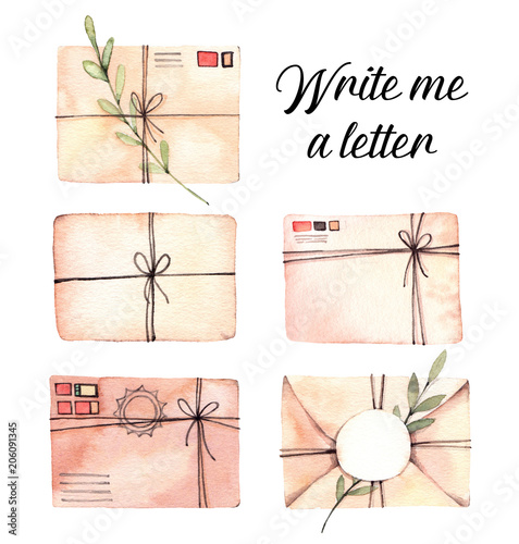 Hand drawn watercolor illustrations. Set of envelopes with floral branches. Mail, letter, post. Perfect for invitations, greeting cards, prints, posters, packing