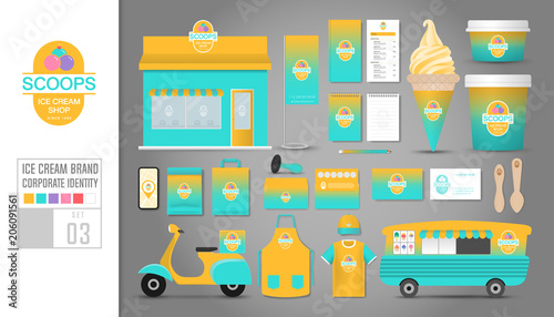 Corporate identity template Set 3. Logo concept for ice cream shop, cafe, restaurant. Realistic mock up template set of shop, car, t-shirt, apron, cap, cup, menu, rubber stamp, scooter, package.