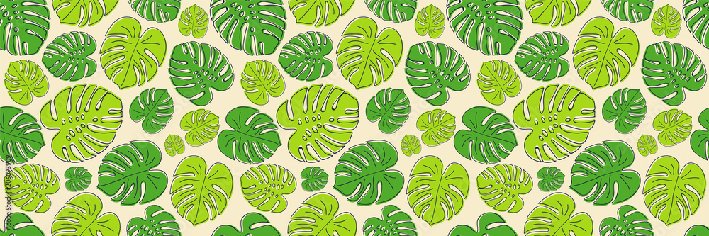 Naklejka premium Summer background in retro style with green tropical leaves. Vector.