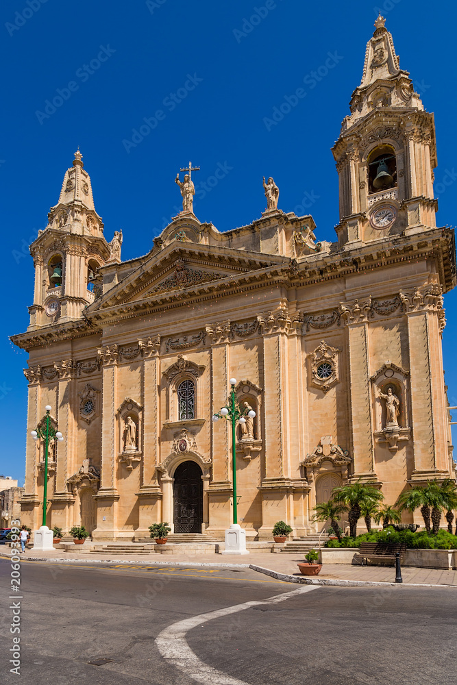 Nashshar, Malta. Facade of the Church of the Nativity of the Virgin Mary, 1630