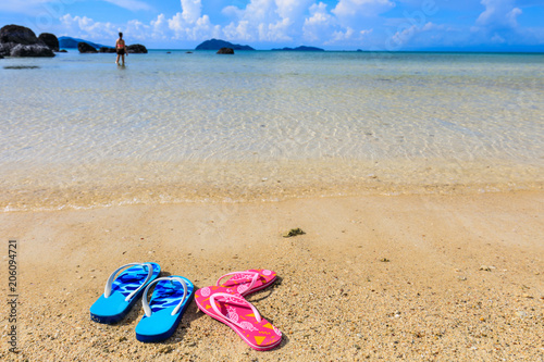 Sandals on the beach in Koh Mak island, Trat province,Thailand.