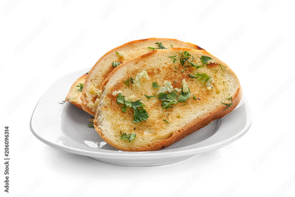 Plate with delicious homemade garlic bread isolated on white Plate with delicious homemade garlic bread isolated on white