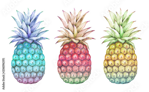 Photo watercolor drawings abstract multicolored pineapple blue, pink, yellow on a whit