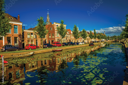 Tree-lined canal with aquatic plants and brick houses at the bank on sunset in Weesp. Quiet and pleasant village full of canals and green near Amsterdam. Northern Netherlands. Retouched photo.