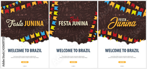 Set of Festa Junina backgrounds with hand draw doodle elements and party flags. Brazil or Latin American holiday. Vector illustration