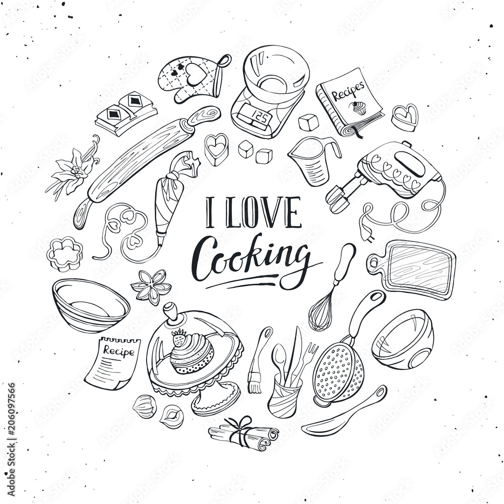 I love cooking poster. Baking tools in circle shape. Poster with hand drawn kitchen utensils