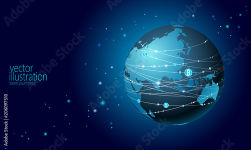 Planet Earth cryptocurrency bitcoin sign. Online internet network communication mining. International global finance system. Asia continent China India Japan flat cartoon vector illustration