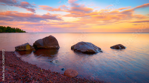 Dreamy Sunset Lake Superior with Rocks 