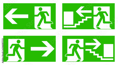 Emergency exit safety sign. White running man icon on green background - left, right and stairs version.