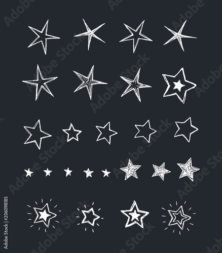 Hand drawn collection of stars. Doodle stars vector illustration on blackboard.