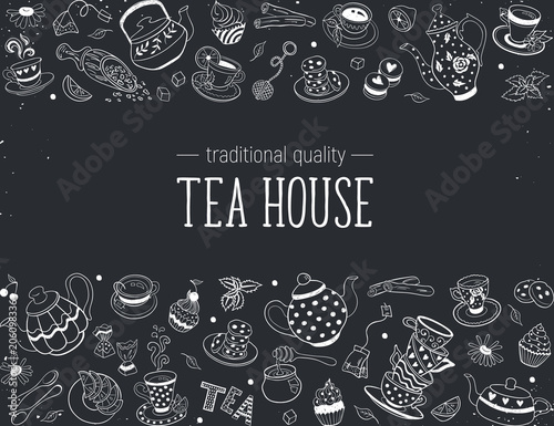 Horizontal border from tea time doodle elements. Hand drawn tea vector frame. Teapots, cups, cupcakes and sweets on chalkboard. Design elements.
