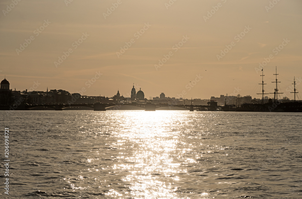 Palace bridge on the sunset in Saint-Petersburg.