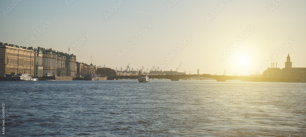 Palace bridge and Hermitage on the sunset in Saint-Petersburg.