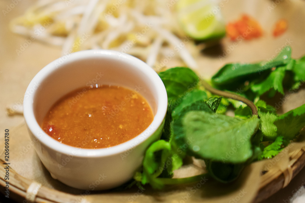 Sauce with bean sprouts in the Asian restaurant. Sauce with bean sprouts in the Asian restaurant.