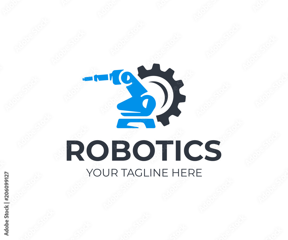 Robotic manipulator arm logo template. Handling robot vector design. Industrial mechanical arm logotype