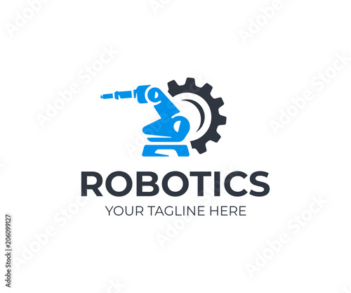 Robotic manipulator arm logo template. Handling robot vector design. Industrial mechanical arm logotype