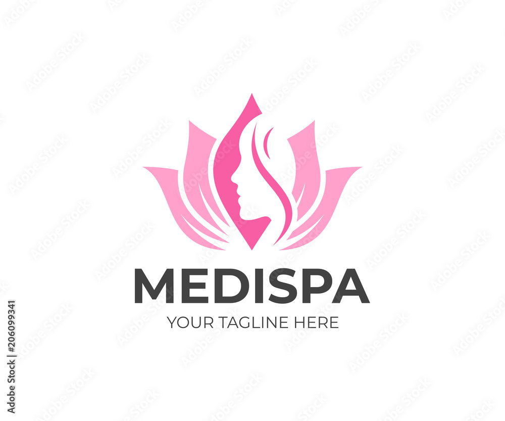 Medical spa salon logo template. Beauty care vector design. Lotus flower and woman's face logotype Medical spa salon logo template. Beauty care vector design. Lotus flower and woman's face logotype