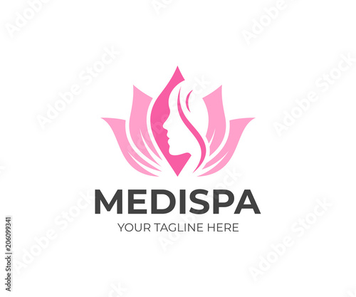 Medical spa salon logo template. Beauty care vector design. Lotus flower and woman's face logotype