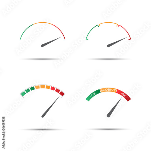 Set of four simple color tachometers (low, moderate, high), vector speedometer icon, performance measurement symbol isolated on white background