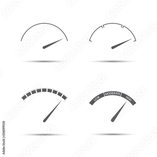 Set of four simple vector tachometers (low, moderate, high), speedometer icon, performance measurement symbol isolated on white background