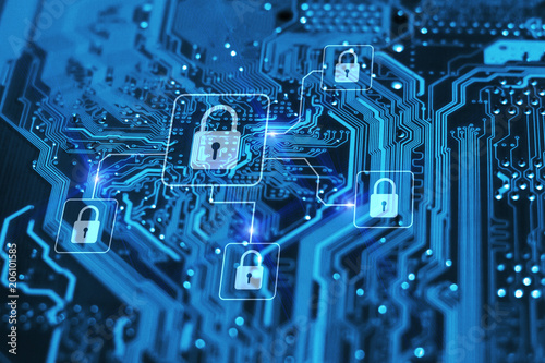 Cyber security and protection of private information and data concept. Locks on blue integrated circuit. Firewall from hacker attack.