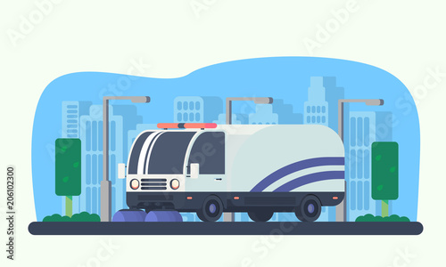Road cleaner car. Street sweeper. Macine for road service.