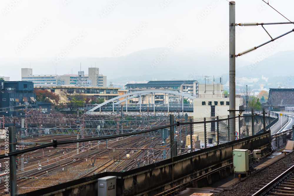 Landscape of the railway station in Kyoto, Japan. Copy space for text.