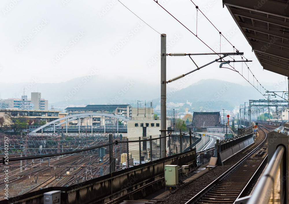 Landscape of the railway station in Kyoto, Japan. Copy space for text.