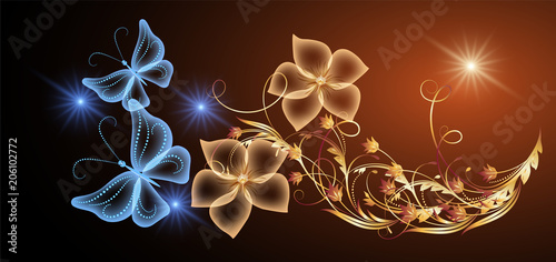 Neon butterflies and golden ornament