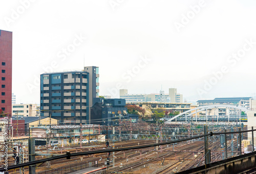 View of the railway station in Kyoto, Japan. Copy space for text.