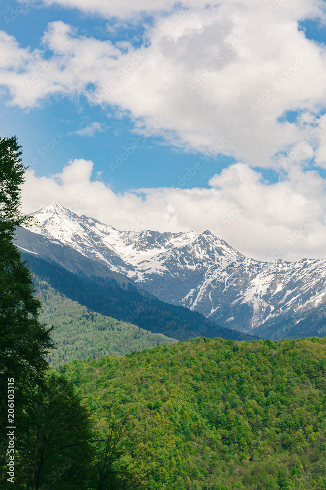 Fototapeta premium Amazing views in the Caucasus mountains. Snow-capped peaks, blue sky, sunny day
