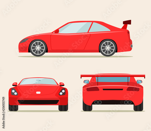 Sport red car three angle set. Car  front, side and rear view. Vector flat style  illustration