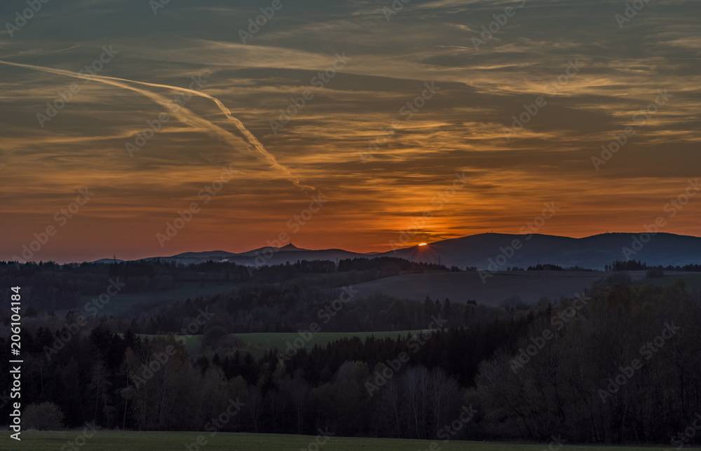 Sunset with Jested hill near Roprachtice village