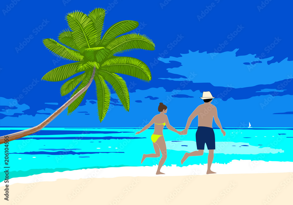 Happy honeymoon couple on the beach scene. Man and woman holding hands walking along the seashore, running on a sandy beach. Vector concept romantic vacation on honeymoon.