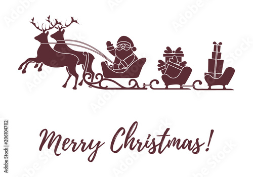 Santa Claus with Christmas presents in sleighs with reindeers. New Year and Christmas illustration.