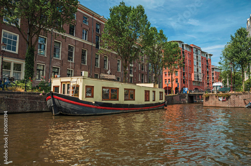 Big boat used as house moored at side of tree-lined canal with old buildings and sunny blue sky in Amsterdam. Famous for its huge cultural activity, graceful canals and bridges. Northern Netherlands.