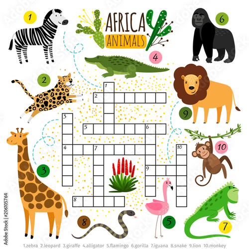 Crossword africa animals. Kids zoo african crossword for school children, words searching game