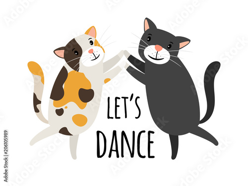 Dancing cats. Foxtrot or tango cat dancers vector illustration, lets dance text