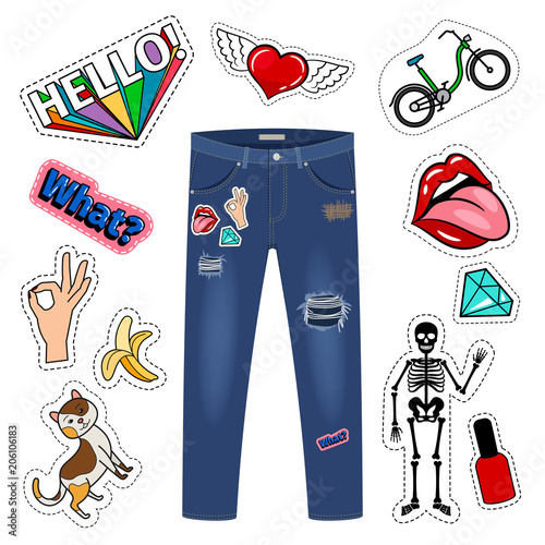 Patch on blue jeans. Fashion girl denim apparel vector patch set on white