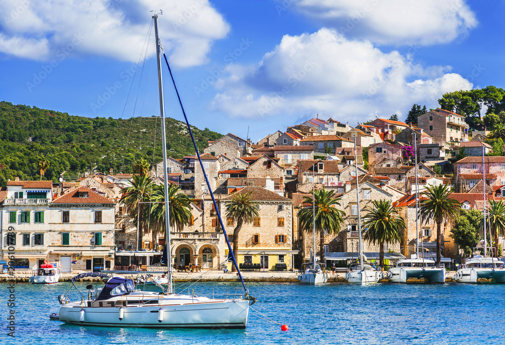 View of the Hvar town, Hvar island, Dalmatia, Croatia. Famous landmark and touristic destination for travel in Europe View of the Hvar town, Hvar island, Dalmatia, Croatia. Famous landmark and touristic destination for travel in Europe