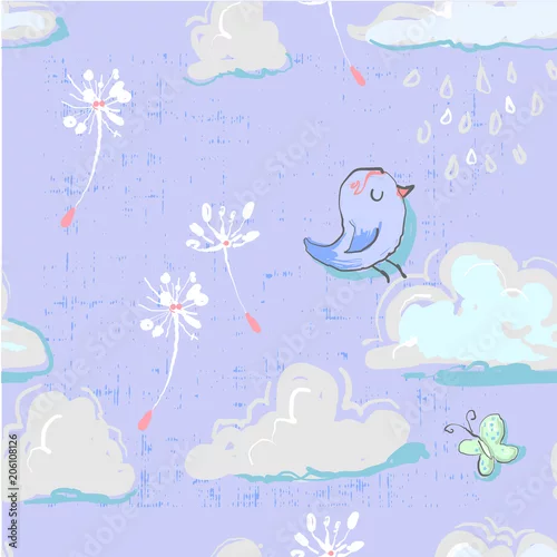 Tapety Bezszwowy wzór z ślicznymi chmurami z ptaka i buterfly dandelion dziecinnym stylem na grunge tła ręce rysującej w wektorze