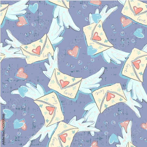 Tapety Ładny wzór miłości bez szwu z listów, kopert, poczty, wiatru i znaczków pocztowych Ręcznie rysowane w doodle, ilustracje w stylu kreskówki dla sieci web, drukowania i tekstyliów