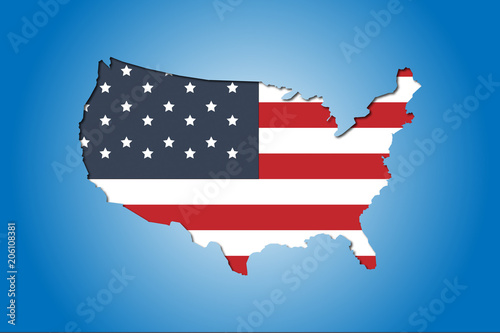 US Map with American Flag in background with a blue and white gradient